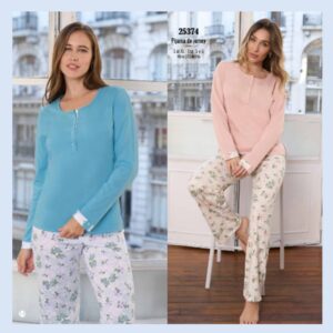 LX25374_fylo_lenceria ART.LX25374 PIJAMA CON CASACA DE JERSEY PANTALON ESTAMPADO FLORES