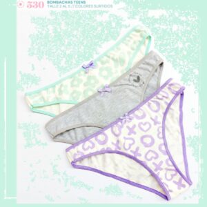 VI530_fylo_lenceria ART.VI530 PACK X3 BOMBACHAS VEDETINA TEENS ALGODON Y LYCRA ESTAMPADO SURTIDO